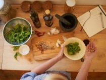 Cooking ingredients and utensils on counter