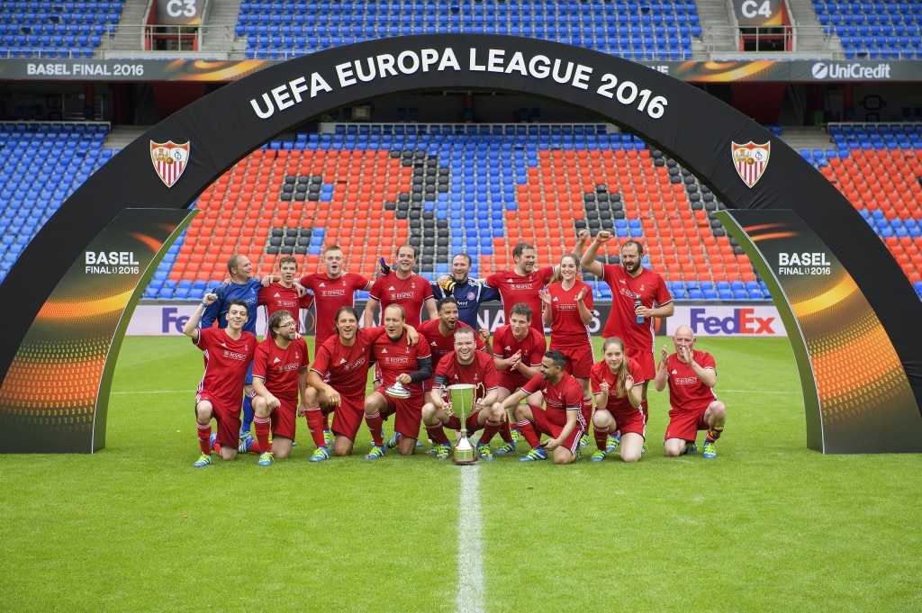 UEFA team under arch on field